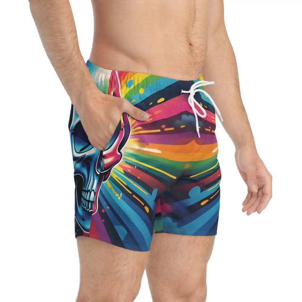 Colorful skull swim trunks for men, vibrant spectrum design from PixiOnyx Festivalwear