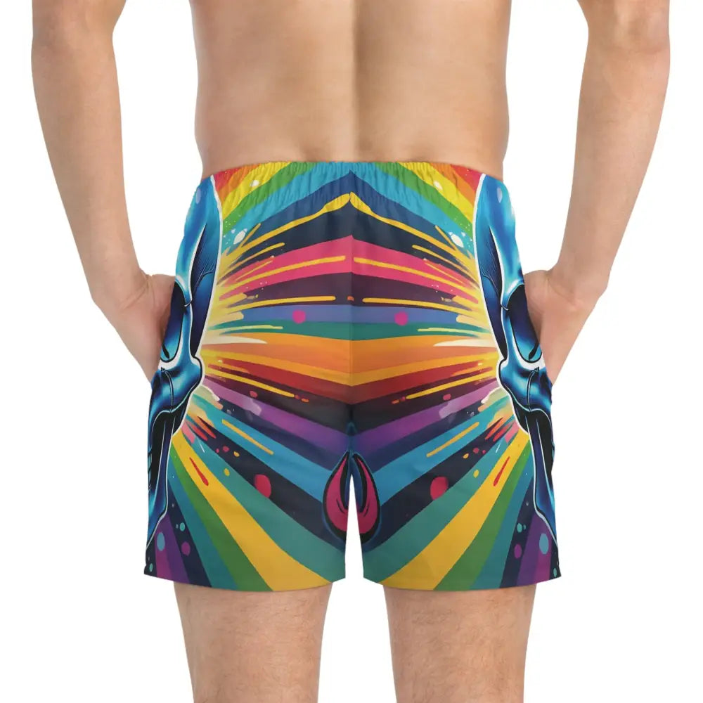 Colorful skull-patterned men’s swim trunks from PixiOnyx Festivalwear