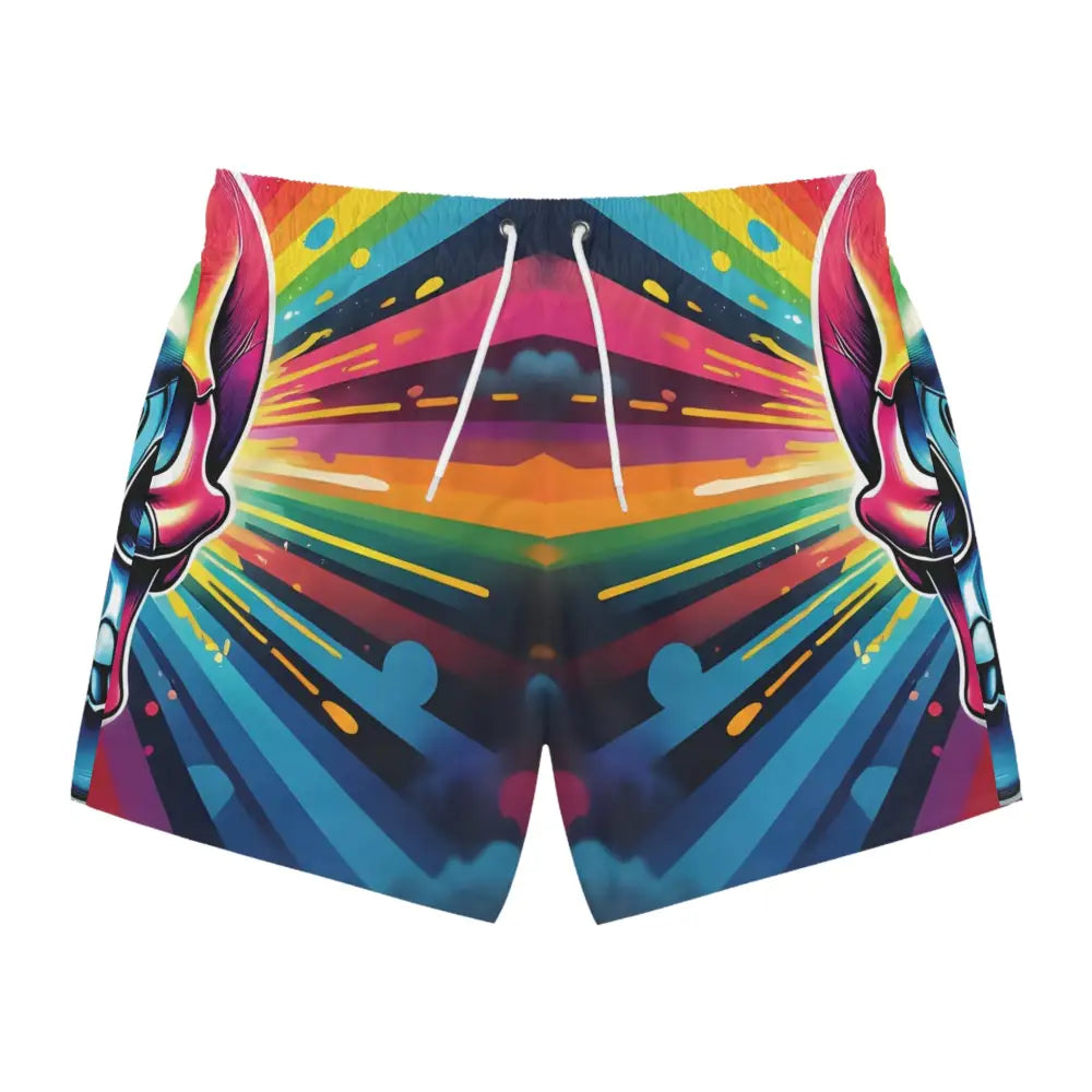 Colorful patterned men’s swim trunks with vibrant skull spectrum design from PixiOnyx Festivalwear