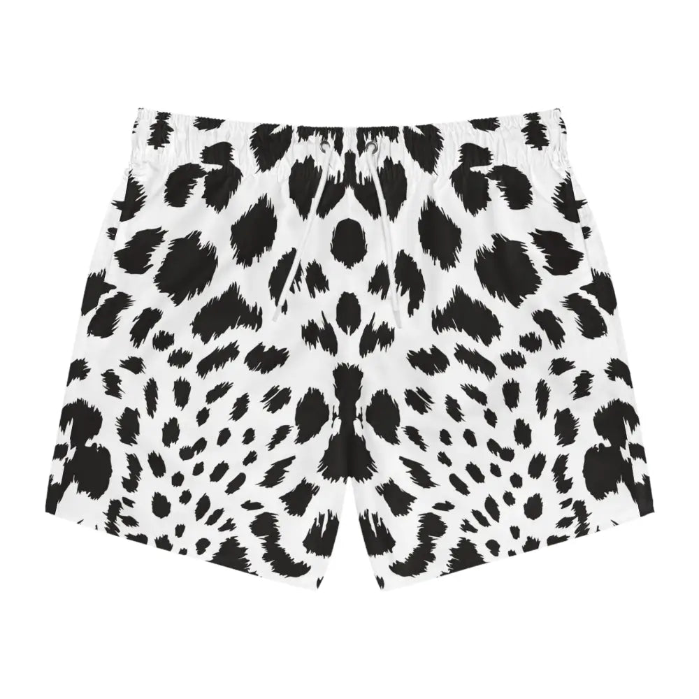Black and white spotted men’s swim trunks with leopard pattern from PixiOnyx Beachwear