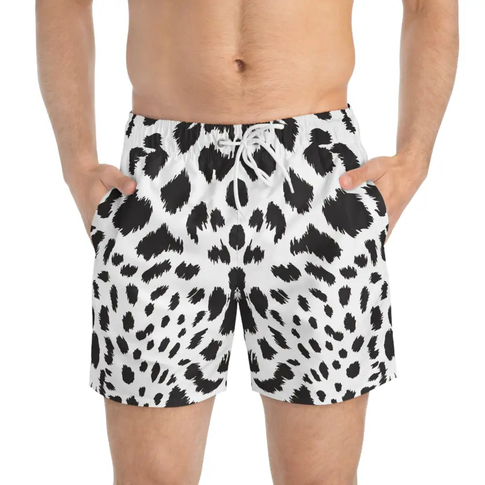 Dalmatian print men’s swim trunks with white leopard pattern on PixiOnyx beachwear
