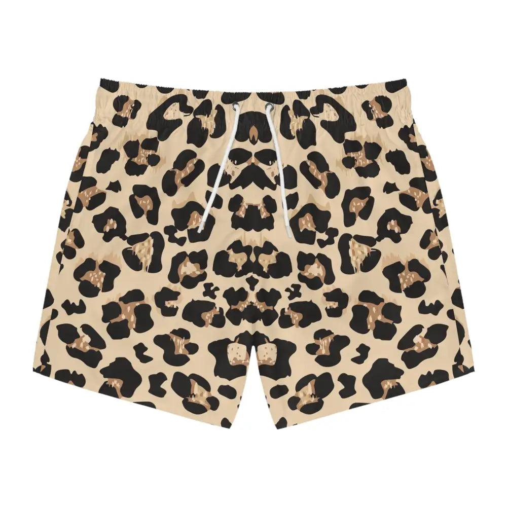 Leopard print men’s swim trunks from PixiOnyx Summerwear Boldwear for bold summer style