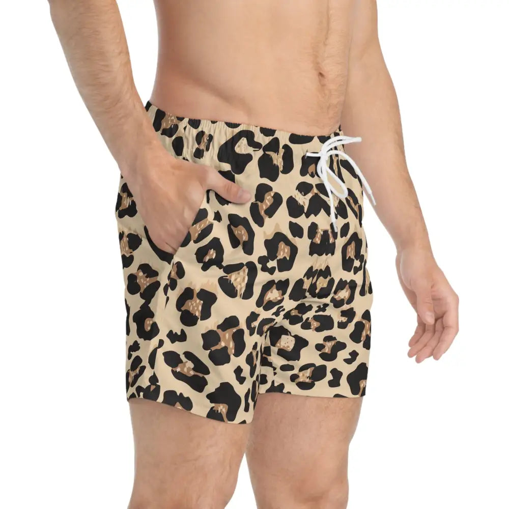 Leopard print men’s swim trunks from PixiOnyx Summerwear Boldwear Wild Instinct collection