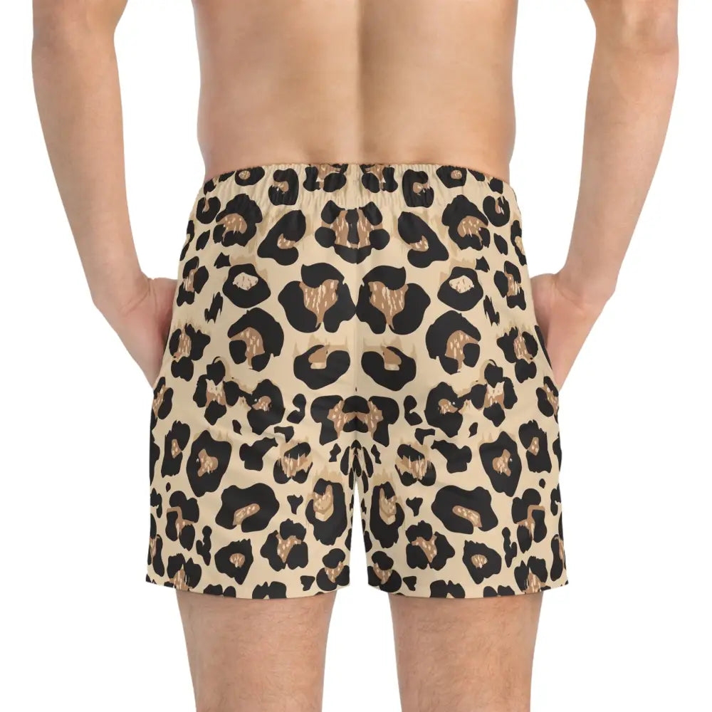Leopard print men’s swim trunks from Wild Instinct Leopard collection by PixiOnyx Summerwear