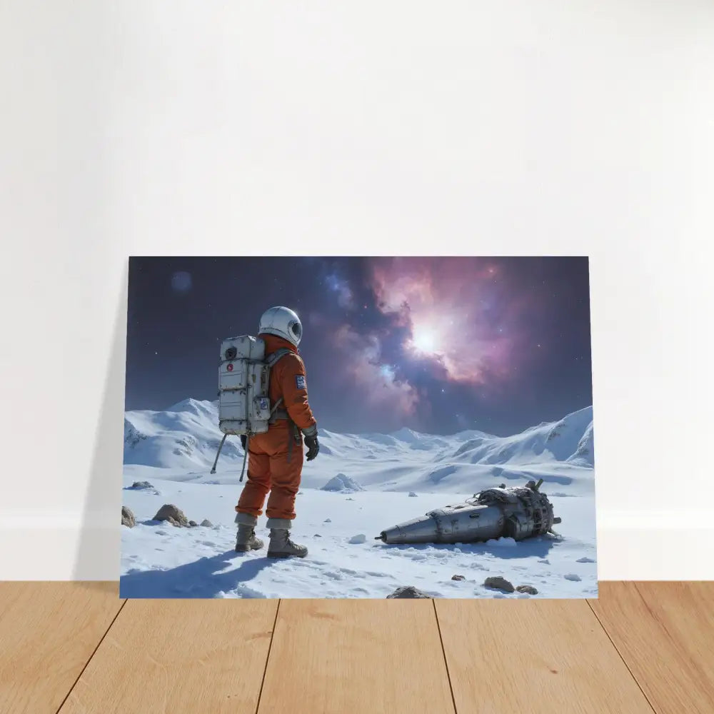 Metal Print of a crashed Astronaut on a snowy alien landscape scene | Silent Descent PixiOnyx