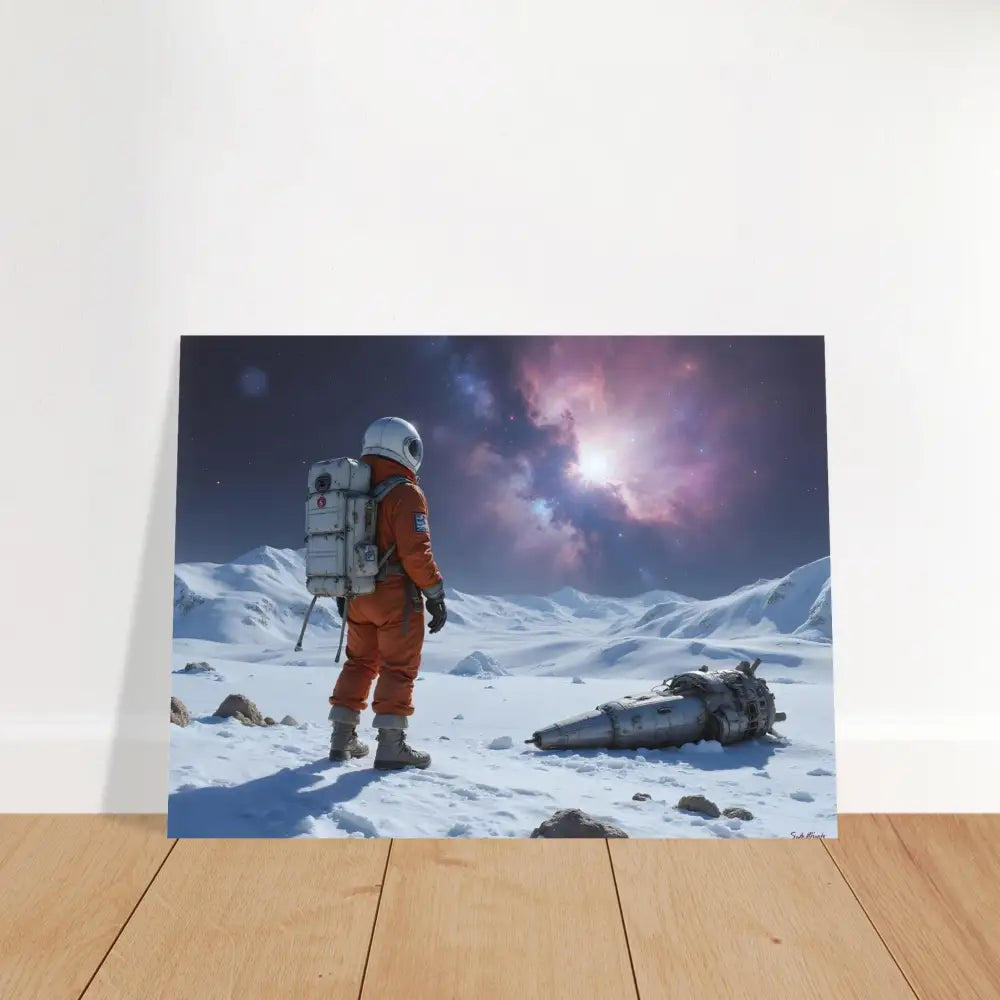 Metal Print Crashed Astronaut on snowy alien landscape by PixiOnyx