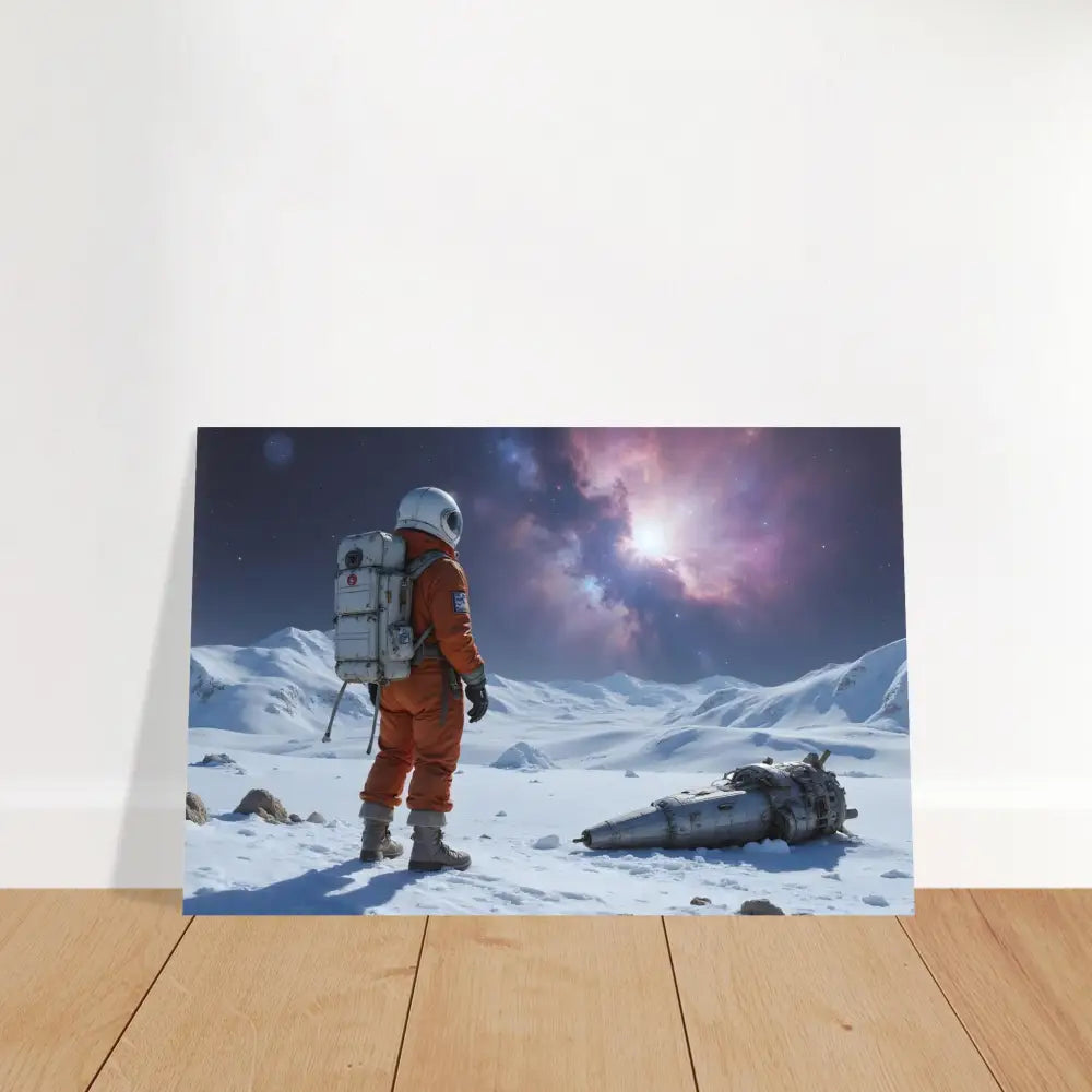 Metal Print Crashed Astronaut on snowy alien landscape canvas by PixiOnyx