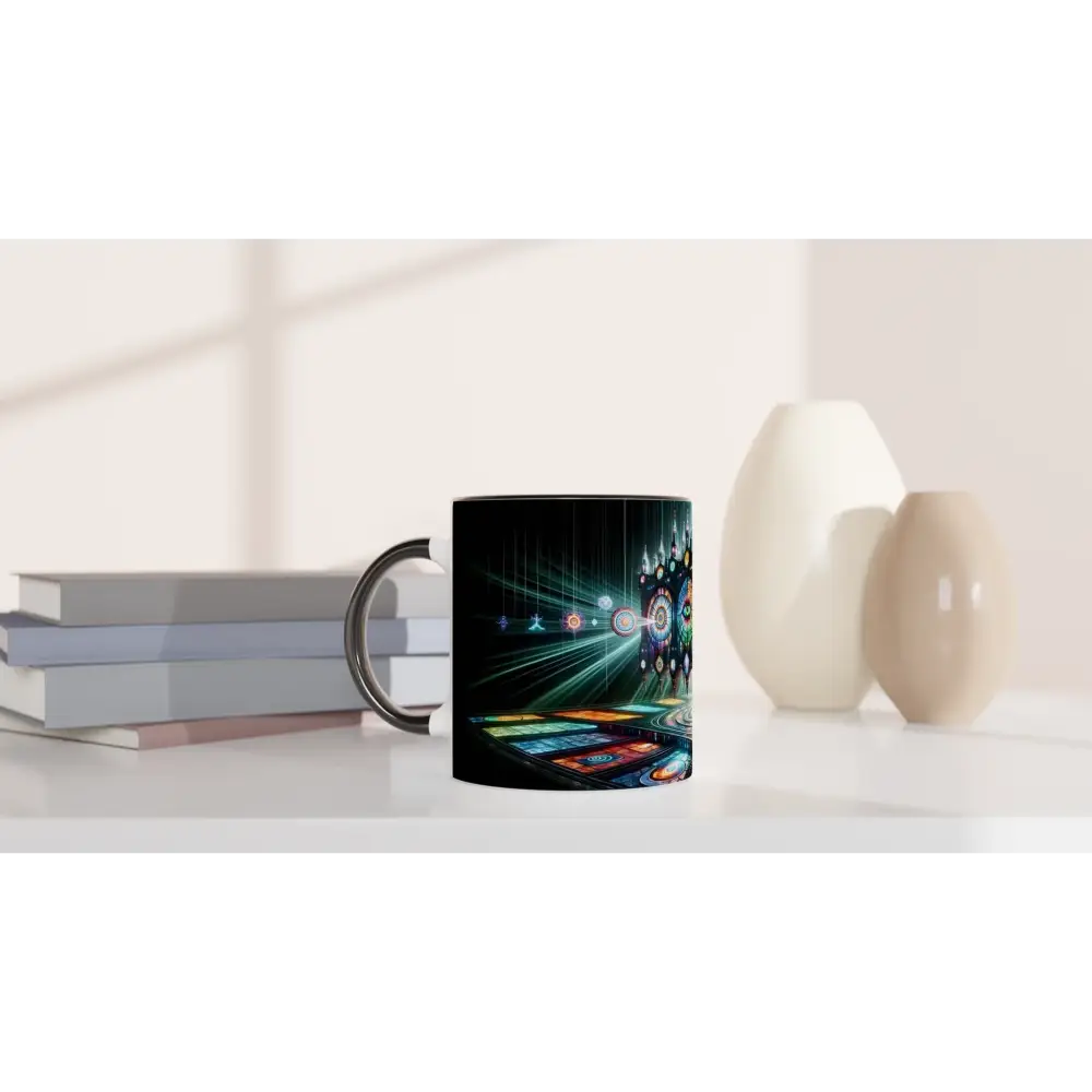 Black ceramic mug with colorful abstract hypnotic design from PixiOnyx Ritualware