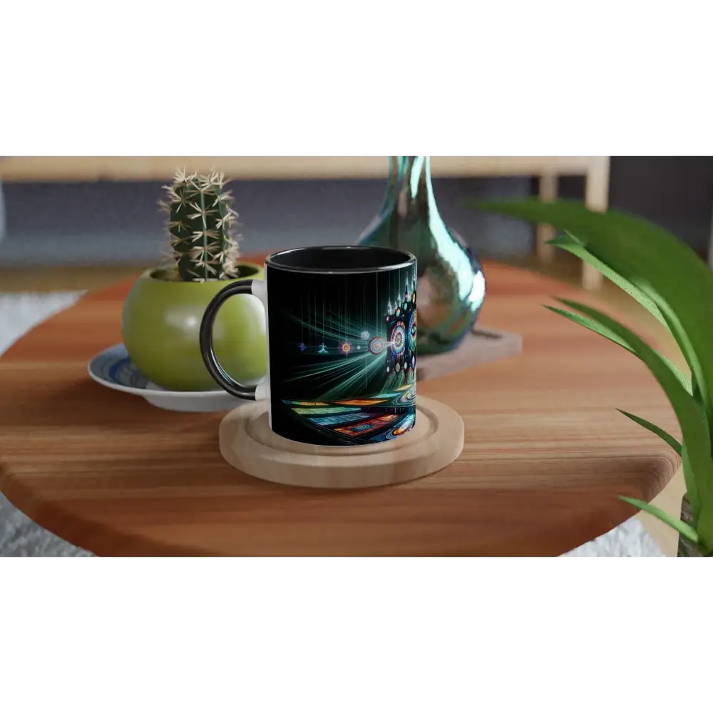 Black ceramic mug with abstract hypnotic symbol design from PixiOnyx Ritualware