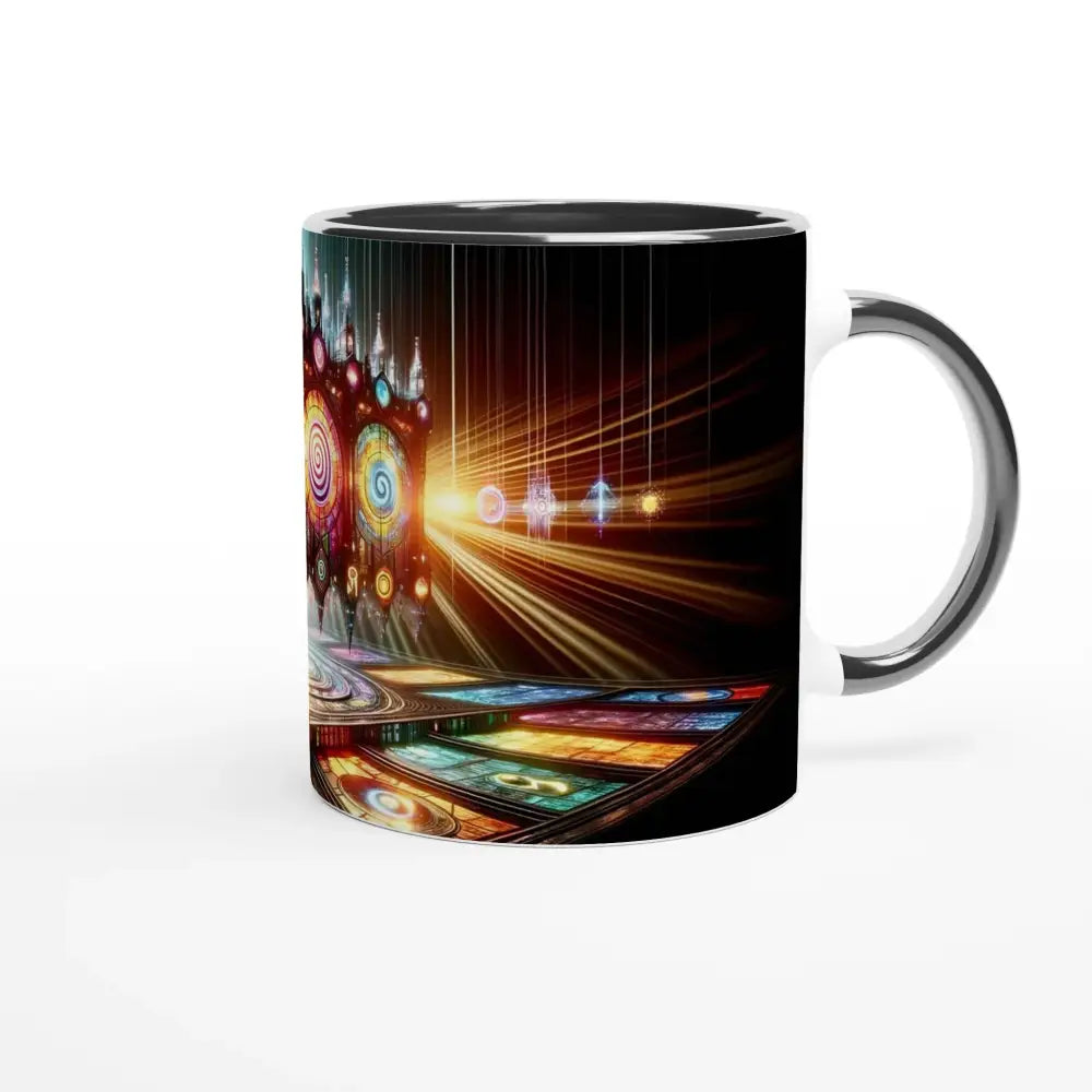Silver-handled ceramic mug with colorful abstract design from PixiOnyx Ritualware