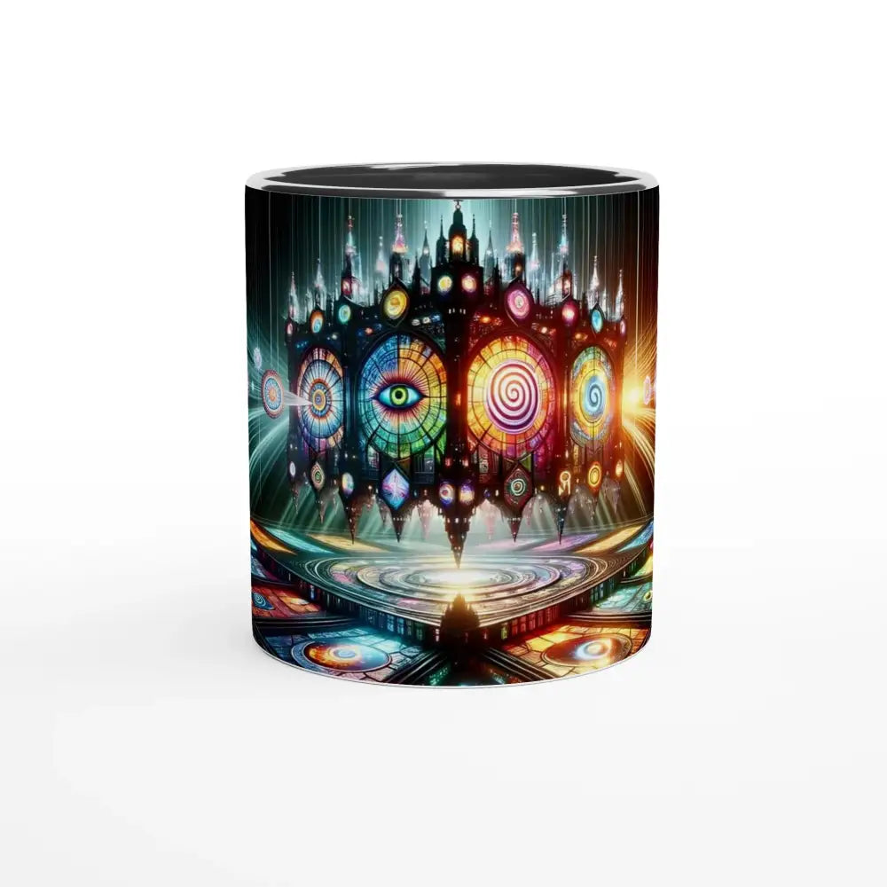 Colorful psychedelic mug with hypnotic symbols from Mind’s Eye Cathedral Collection