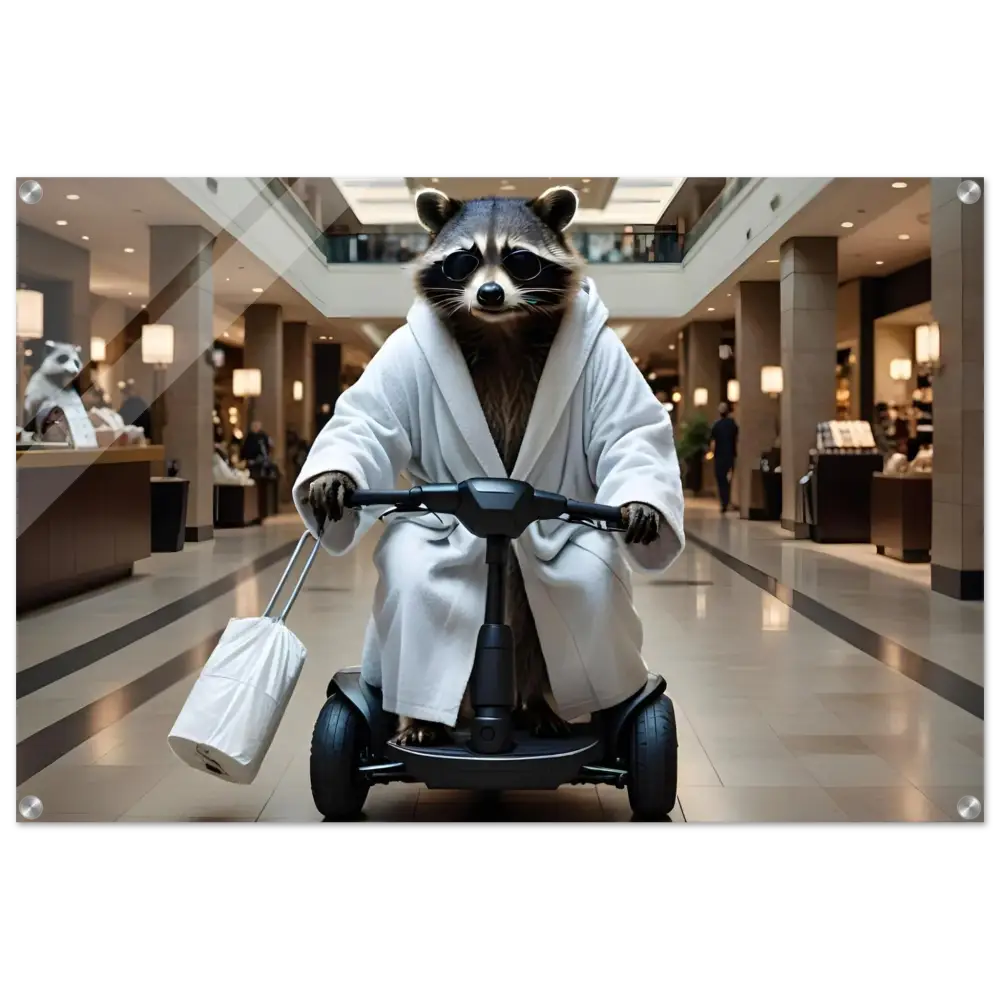 Raccoon in bathrobe riding scooter as part of PixiOnyx Luxe Wall Satire artwork