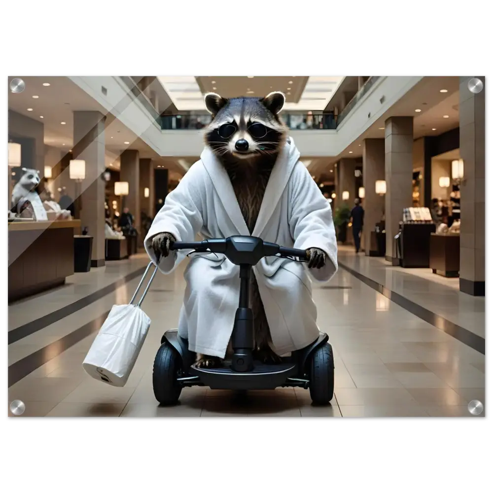Raccoon in bathrobe riding a scooter for PixiOnyx Luxe Wall Satire product display