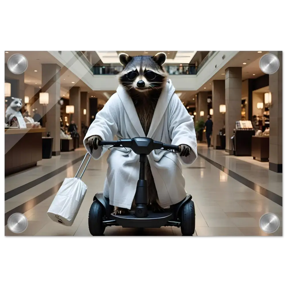 Acrylic Raccoon in bathrobe riding a scooter from PixiOnyx Luxe Wall Satire series
