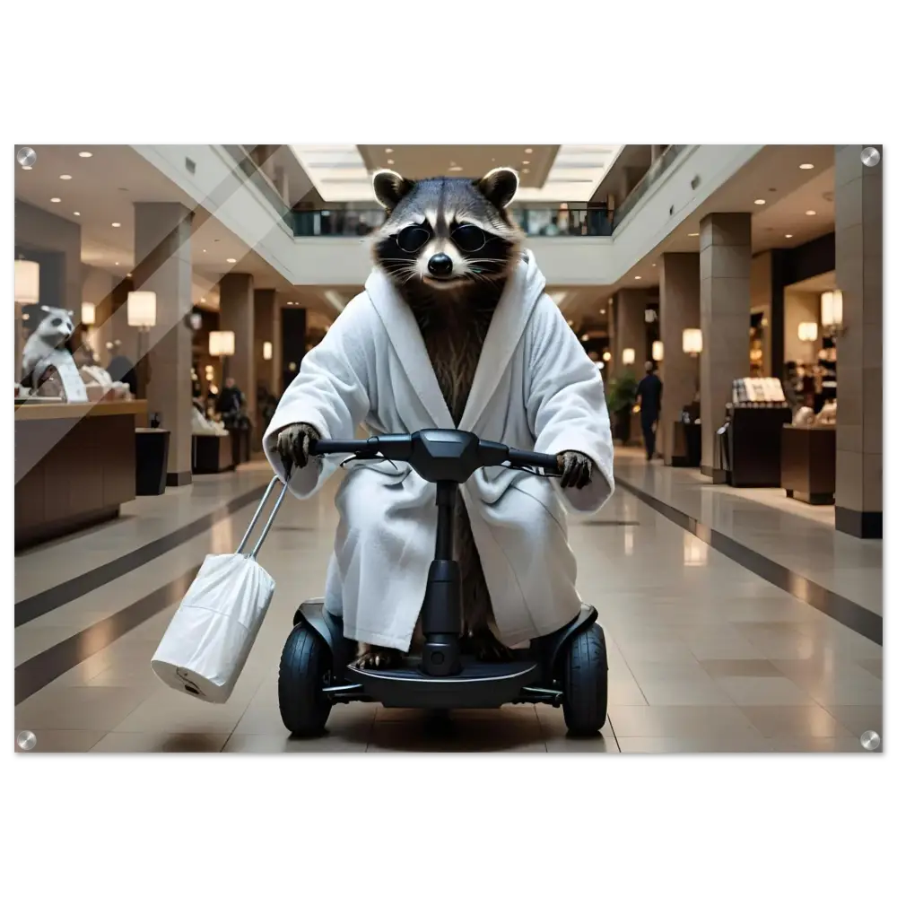 Raccoon in bathrobe riding scooter, featured on PixiOnyx Luxe Wall Satire art