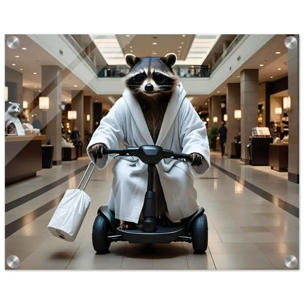 Raccoon in bathrobe riding scooter for PixiOnyx Luxe Wall Satire product image