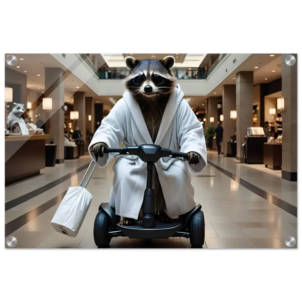 Acrylic Raccoon Masterpiece depicting raccoon in bathrobe riding a scooter on PixiOnyx Luxe Wall Satire