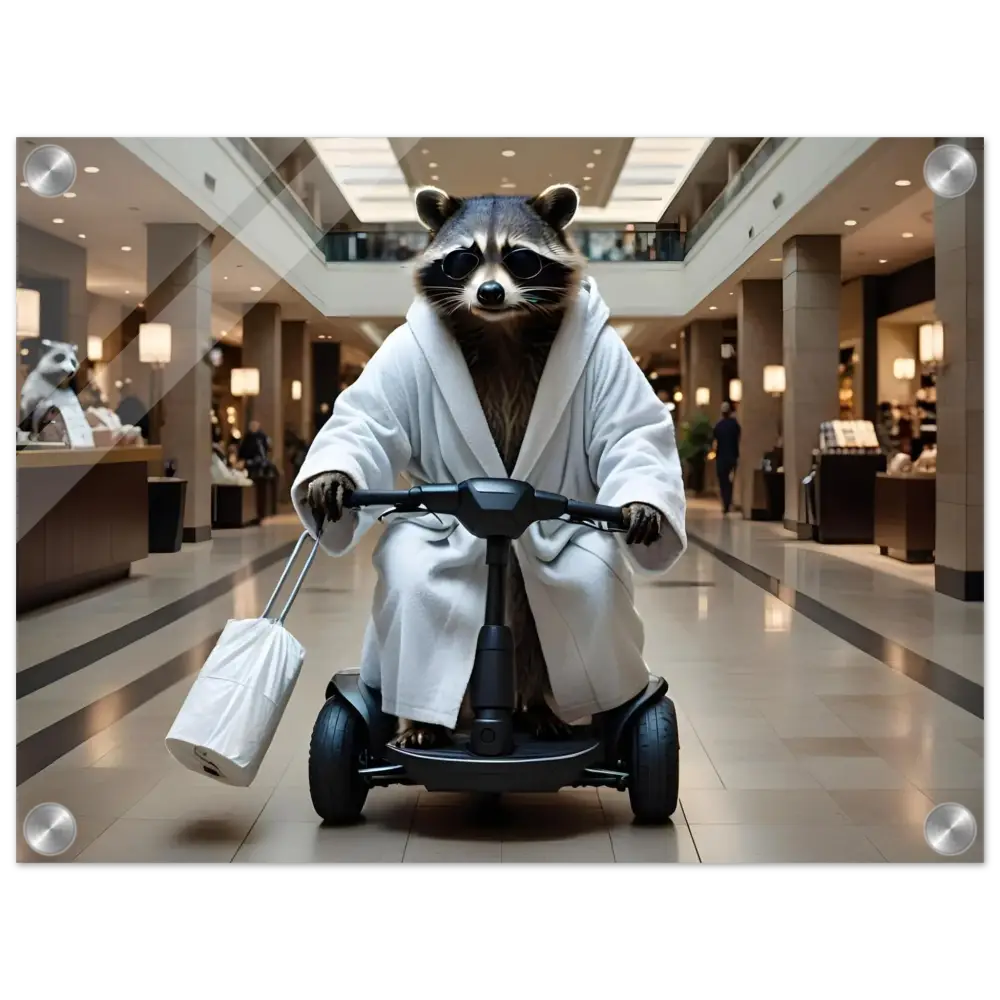 Raccoon in bathrobe riding scooter displayed on PixiOnyx Luxe Wall Satire artwork