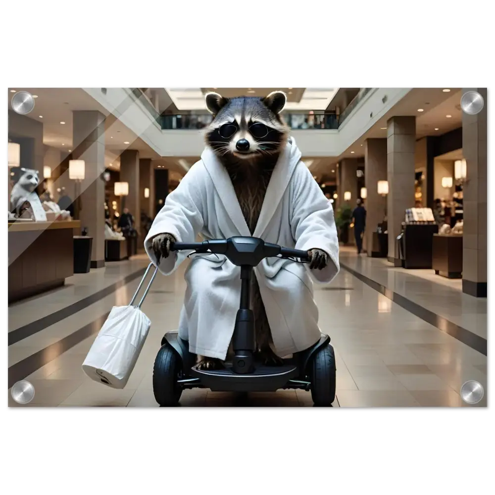 Acrylic Raccoon in bathrobe riding scooter on PixiOnyx Luxe Wall Satire art piece