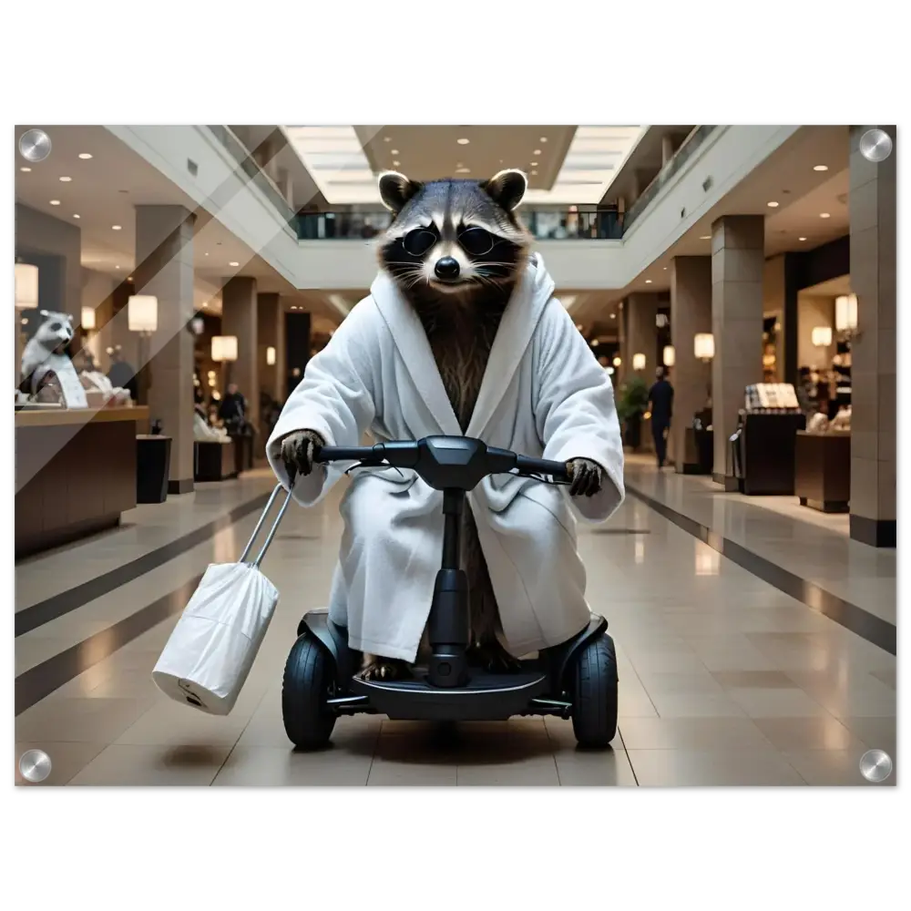 Raccoon in bathrobe riding a scooter featured in PixiOnyx Luxe Wall Satire