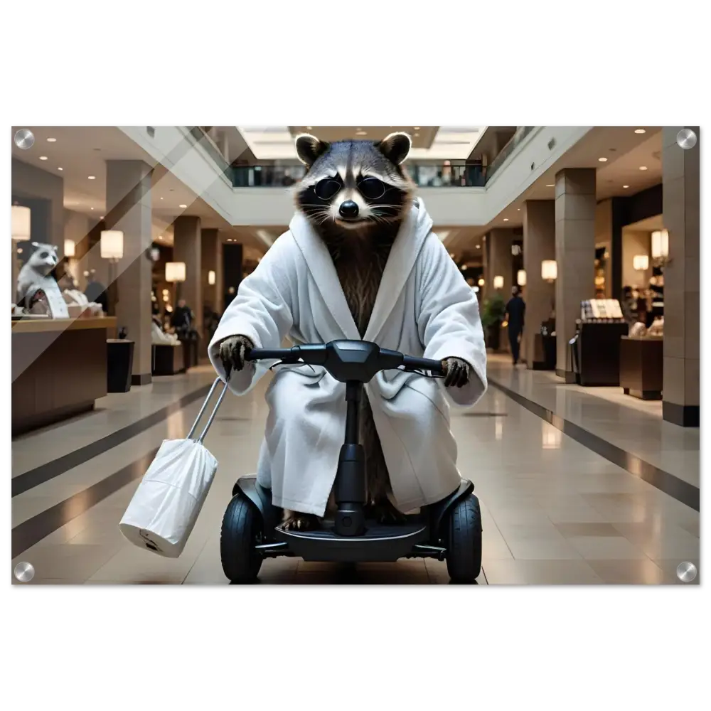 Raccoon in bathrobe riding scooter on PixiOnyx Luxe Wall Satire product wall art