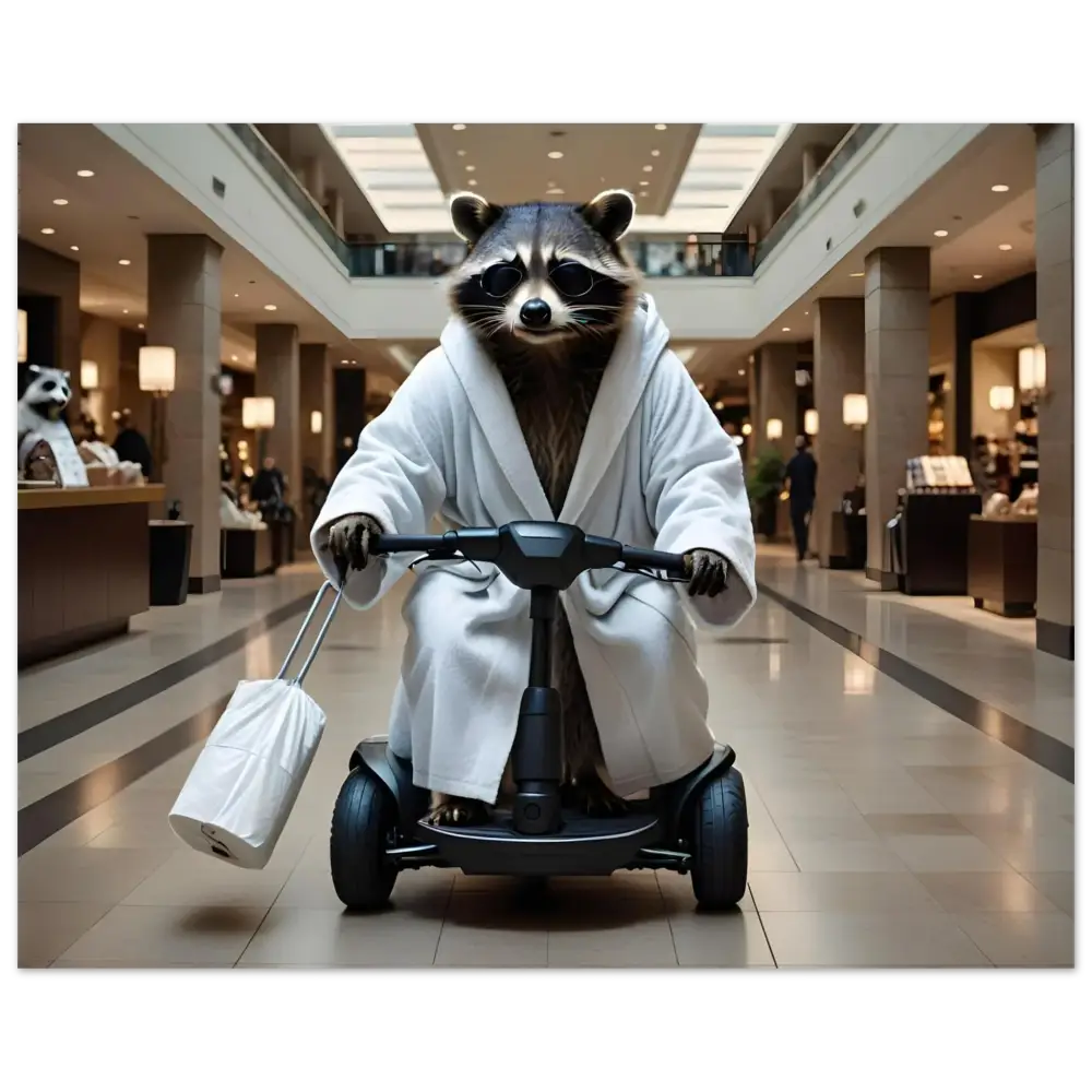 Raccoon in bathrobe riding scooter on PixiOnyx Urban Animal Art Poster