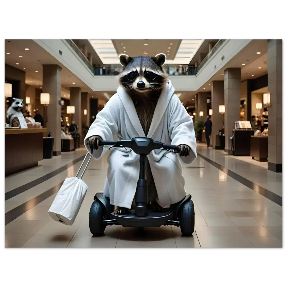 Raccoon in bathrobe riding a scooter on PixiOnyx Urban Animal Print poster