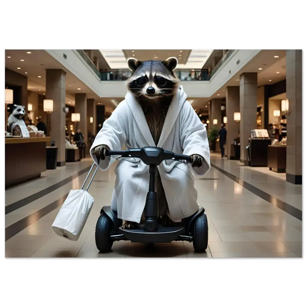 Raccoon in bathrobe riding a scooter on PixiOnyx Urban Animal Print poster