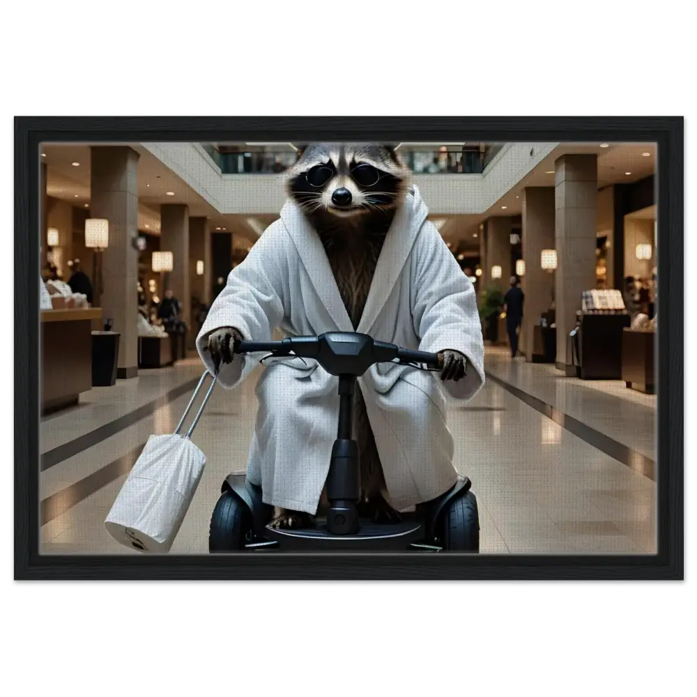 Raccoon in bathrobe riding scooter on PixiOnyx Wall Statement Canvas titled Mobility Mogul