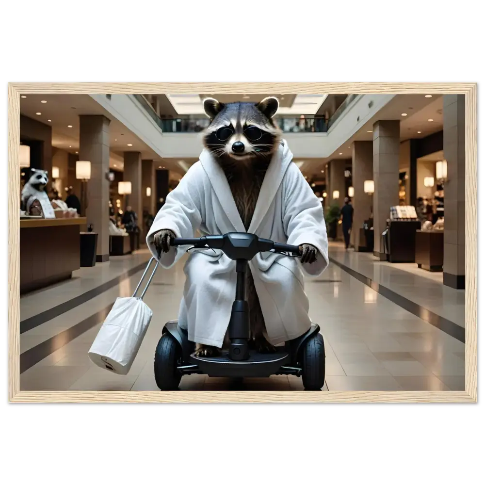 Raccoon in bathrobe riding scooter framed poster for Mobility Mogul PixiOnyx art