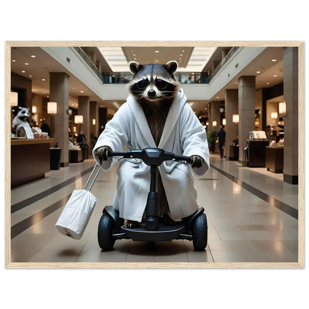 Framed PixiOnyx Premium Matte Poster of Raccoon in Bathrobe on Scooter for Mobility Mogul