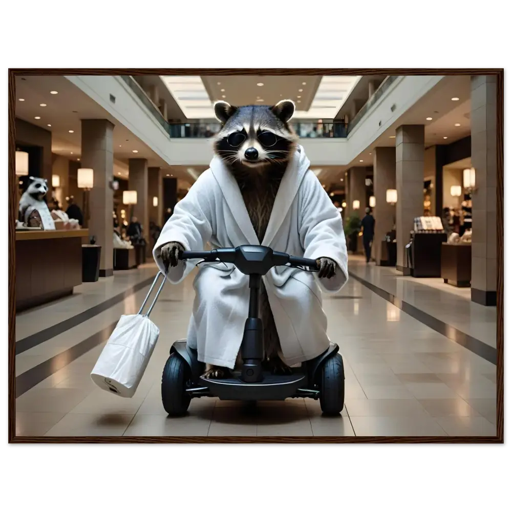 Framed Raccoon Art on PixiOnyx Premium Matte Poster featuring raccoon in bathrobe on mobility scooter