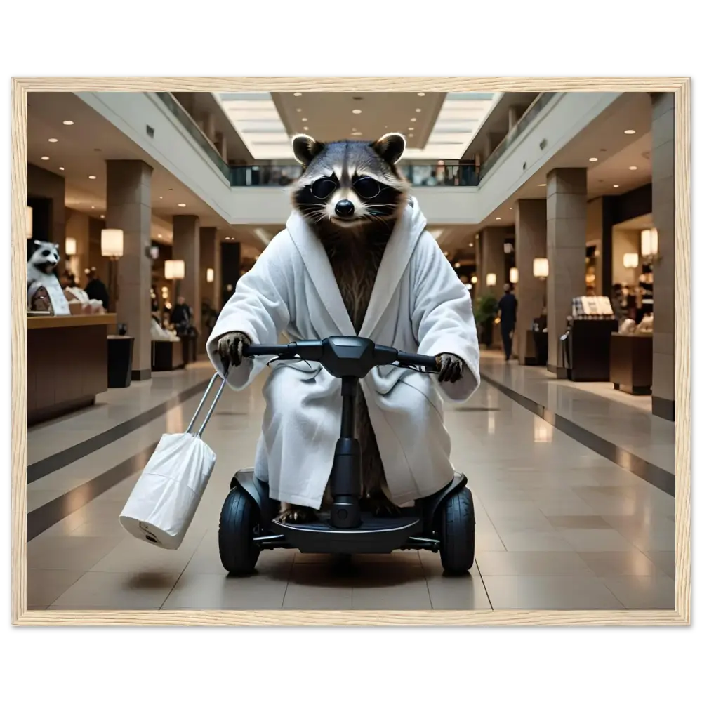 Framed Raccoon Art on PixiOnyx Premium Matte Poster featuring raccoon in bathrobe on scooter