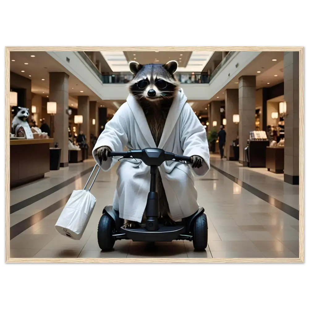 Framed Raccoon Art featuring a raccoon in robe riding a scooter by PixiOnyx