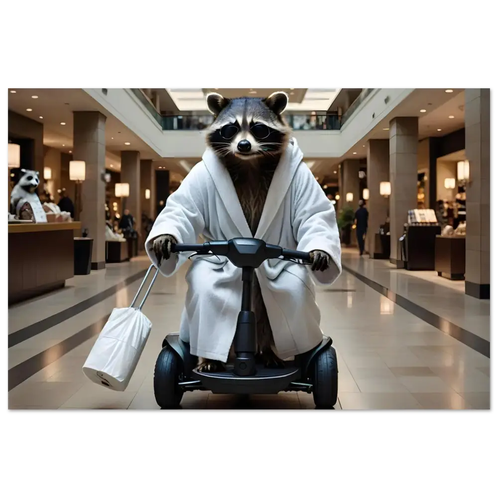 Framed Raccoon Art shows Raccoon in bathrobe riding a scooter for PixiOnyx Premium Matte Poster