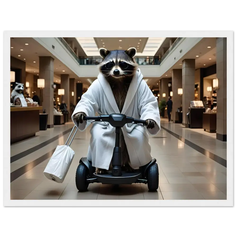 Framed PixiOnyx Premium Matte Poster of Raccoon in Bathrobe on Mobility Scooter