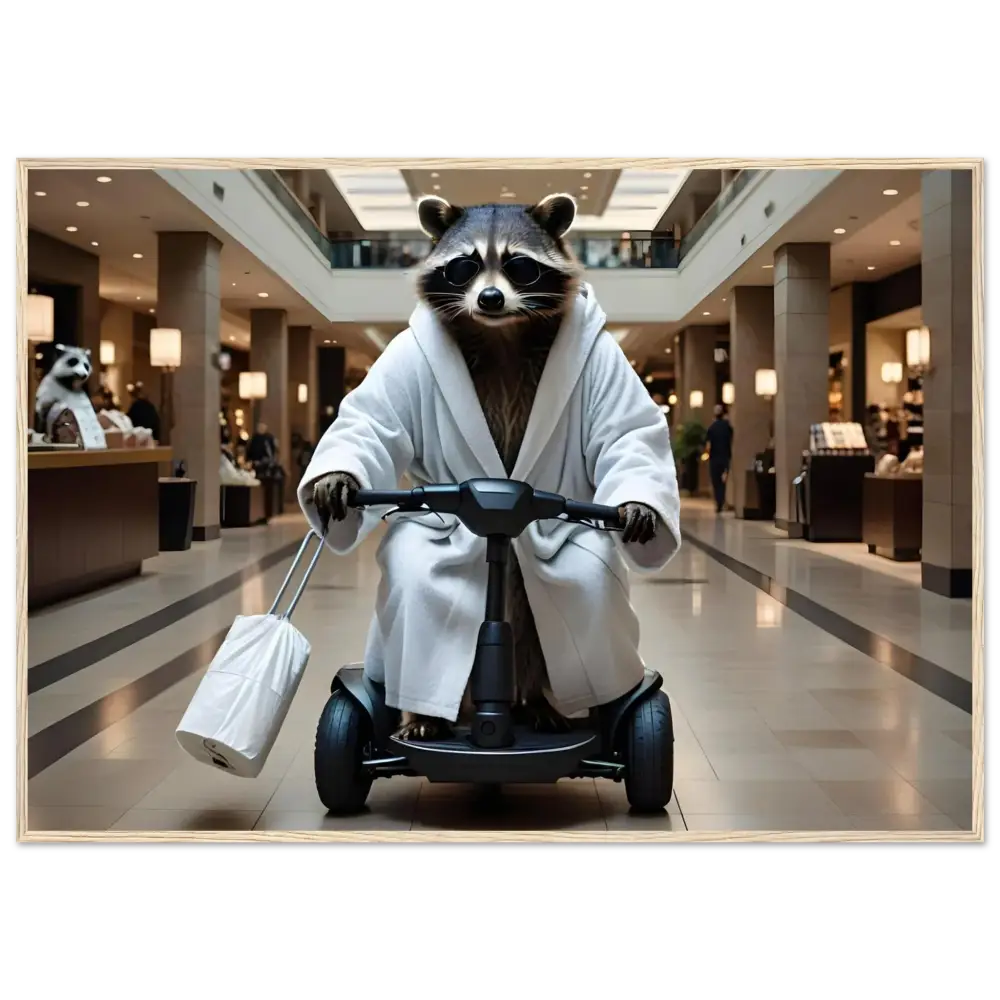 Mobility Mogul framed raccoon art featuring a raccoon in bathrobe on scooter