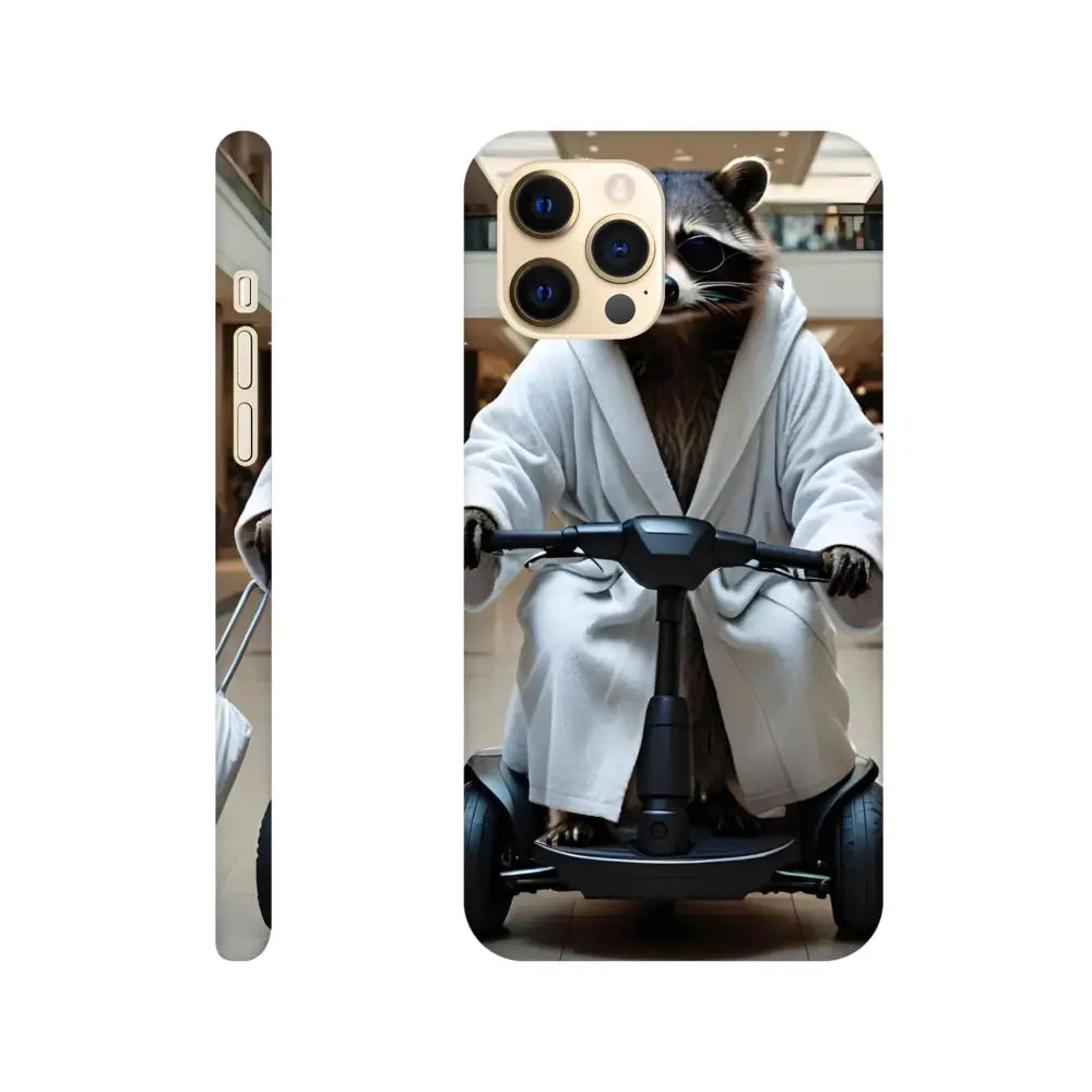 Phone case featuring raccoon in robe riding scooter for Mobility Mogul iPhone Slim Case