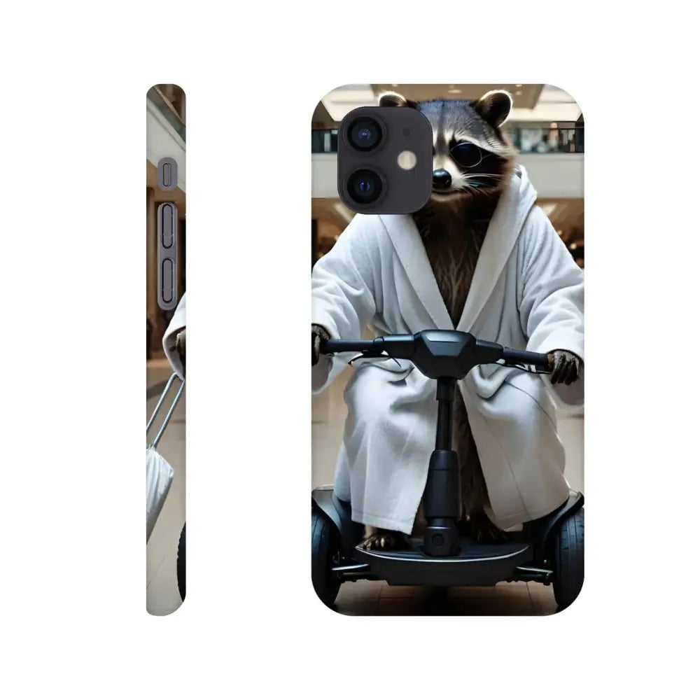 Mobility Mogul iPhone slim case with raccoon in robe riding scooter, PixiOnyx luxe cover