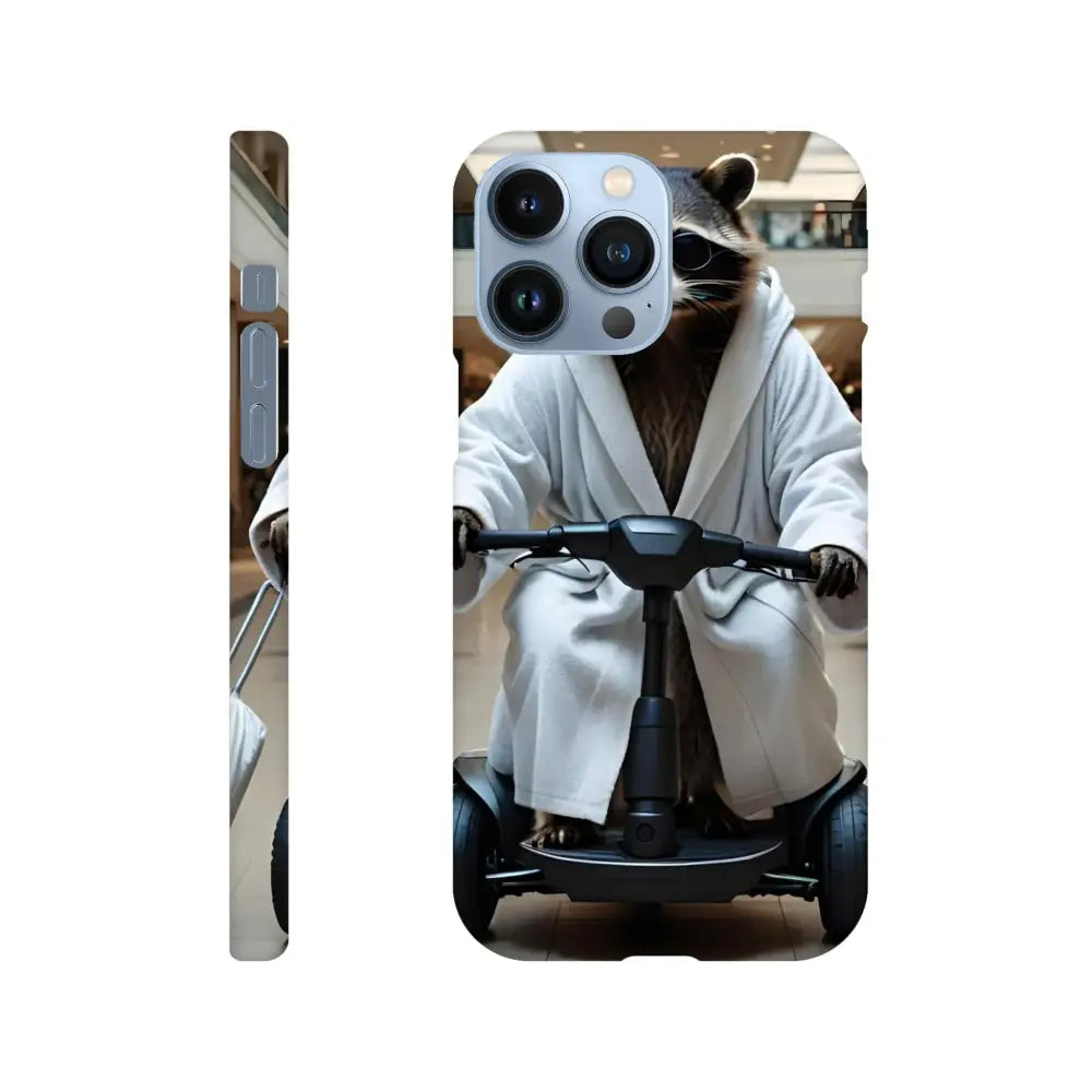 Mobility Mogul iPhone Slim Case featuring raccoon in bathrobe on scooter display