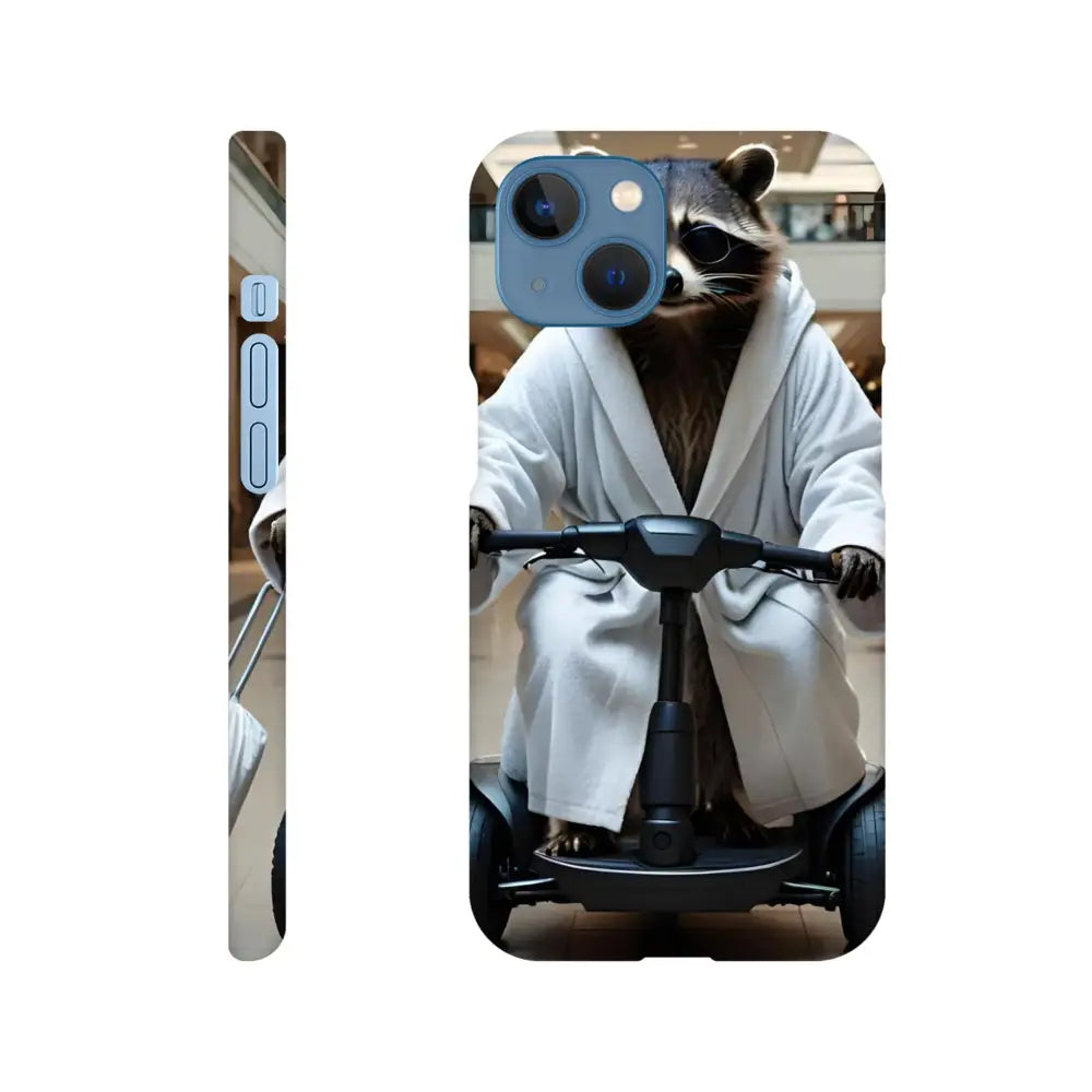 PixiOnyx Mobility Mogul iPhone case featuring raccoon in robe on scooter design