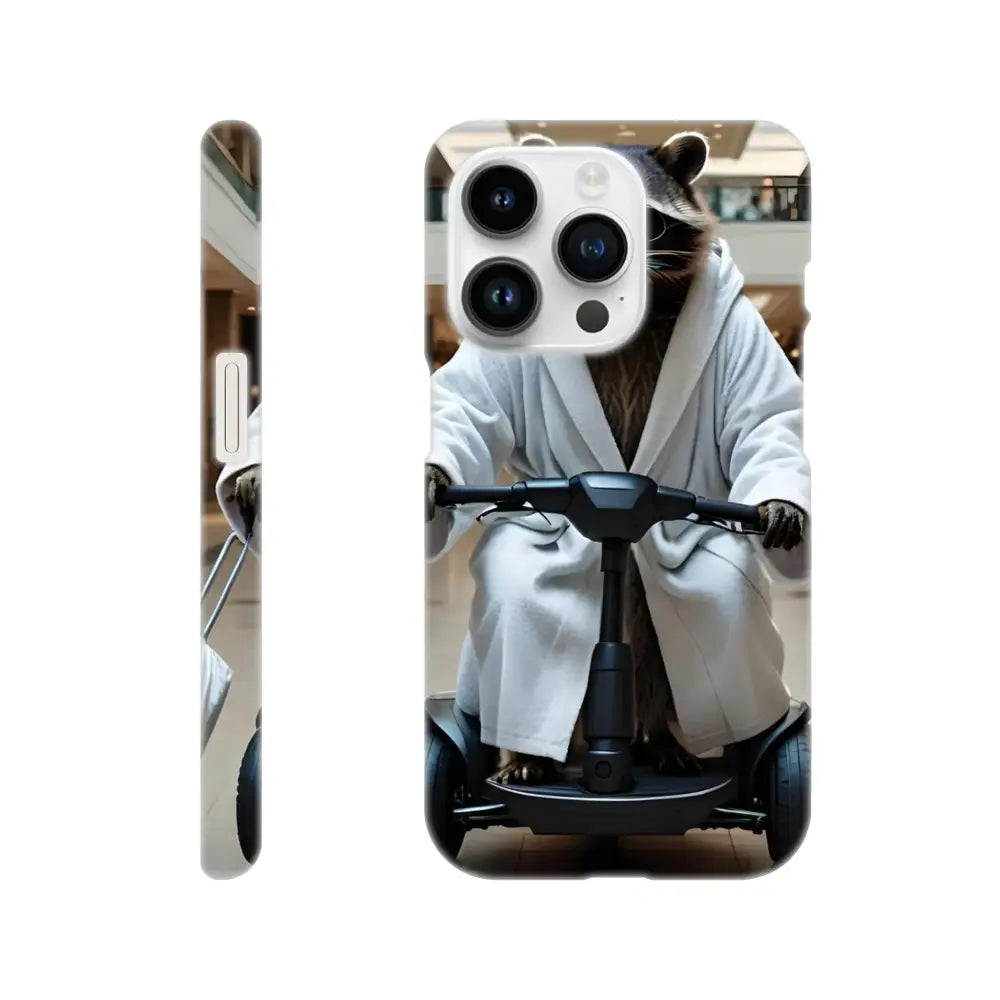 Mobility Mogul iPhone slim case with raccoon in robe riding a scooter