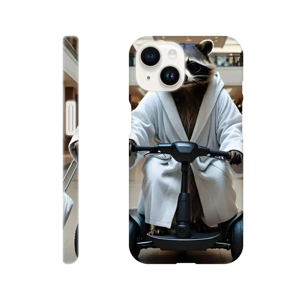 Phone case featuring raccoon in robe riding scooter for Mobility Mogul iPhone Slim Case