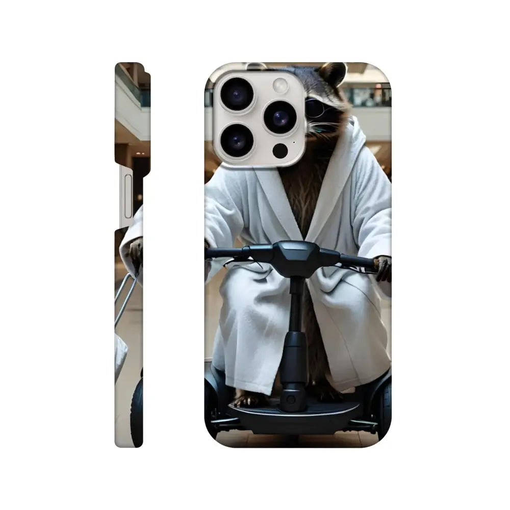 Phone case featuring a raccoon in a robe riding a scooter for mobility mogul style