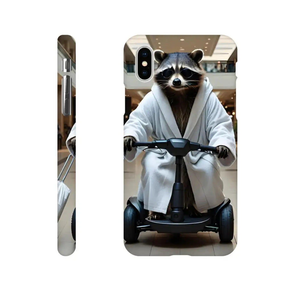 Phone case featuring a raccoon in a robe riding a scooter for PixiOnyx Luxe Cover