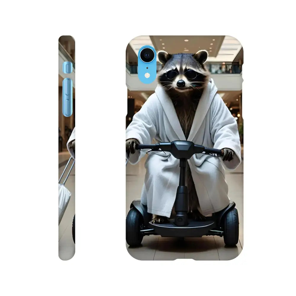Phone case featuring a raccoon in a robe riding a scooter for the Mobility Mogul iPhone Slim Case