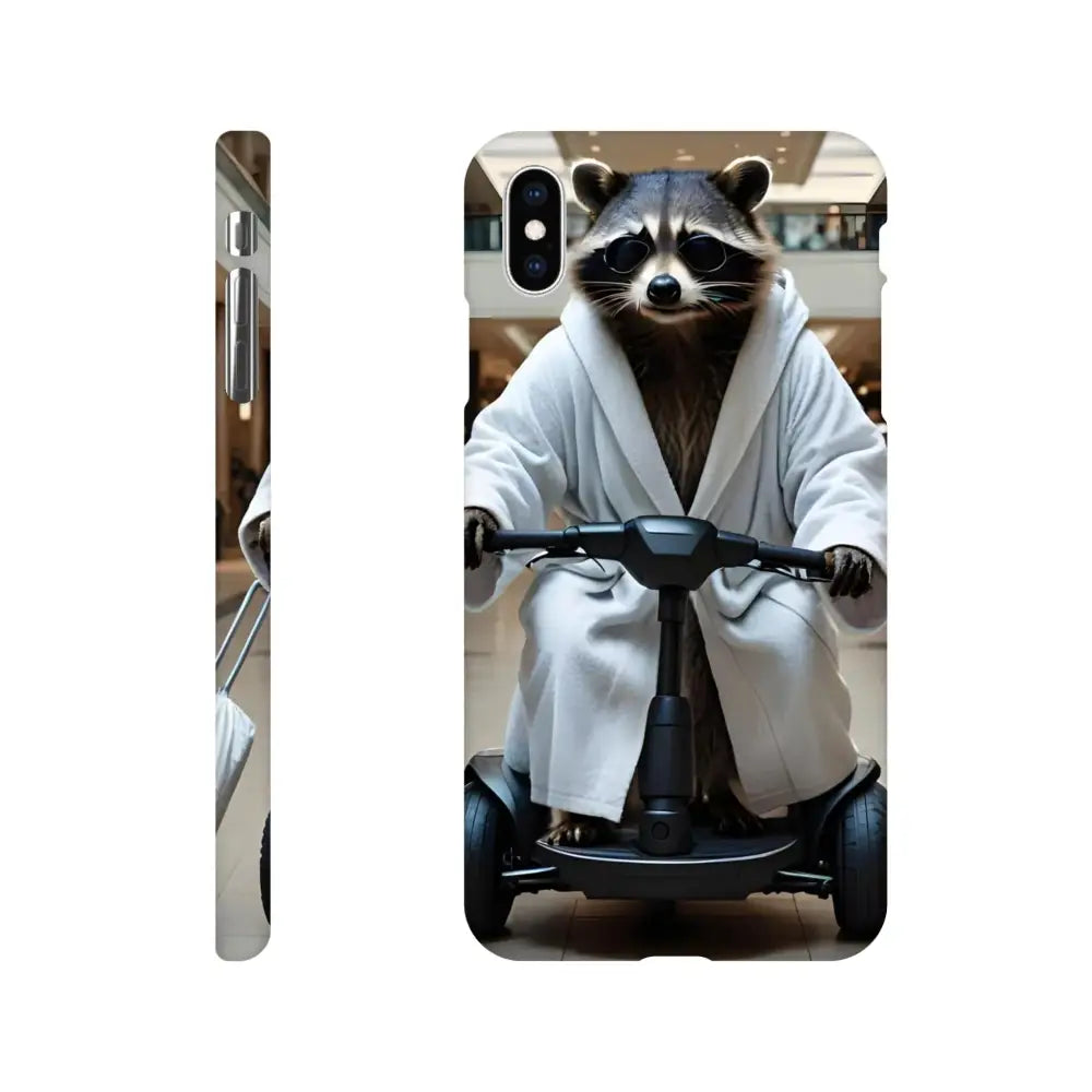 Phone case with Raccoon riding a scooter on PixiOnyx satirical luxe cover