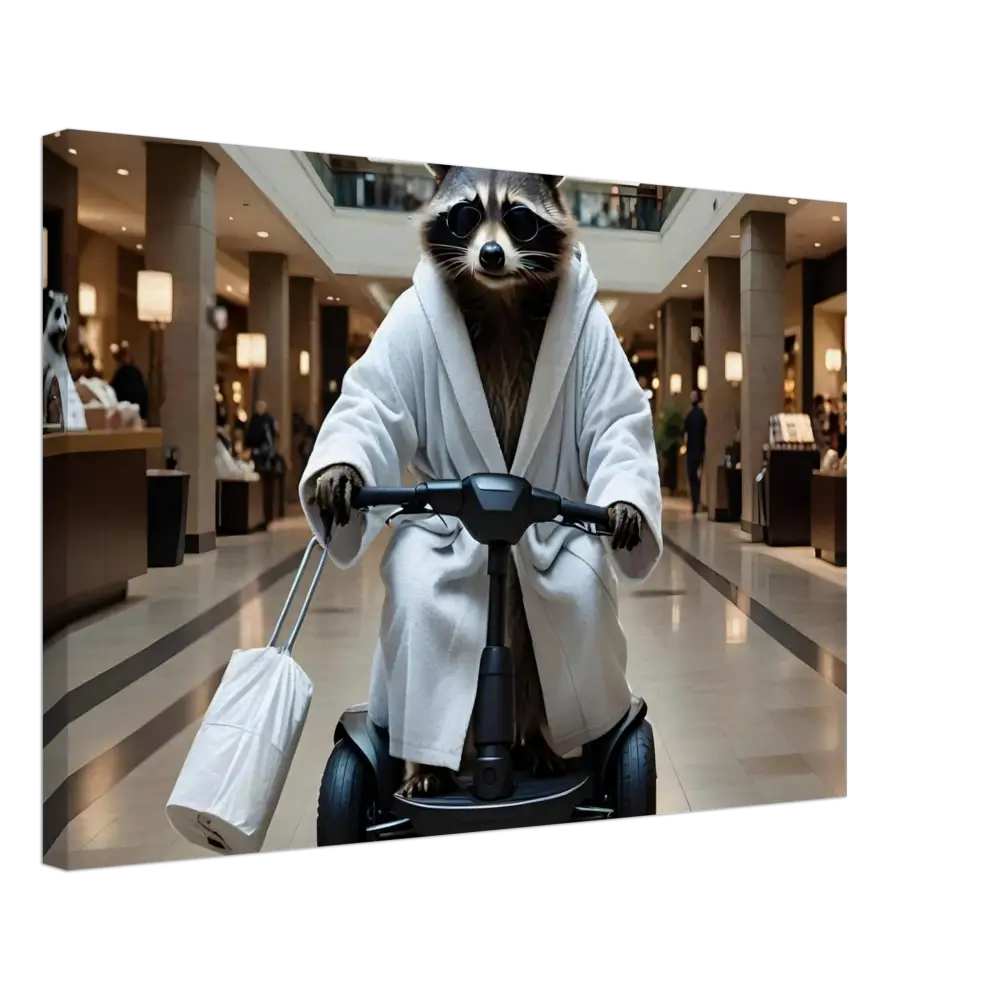 Raccoon in bathrobe riding a scooter on PixiOnyx Premium Wall Art for Mobility Mogul