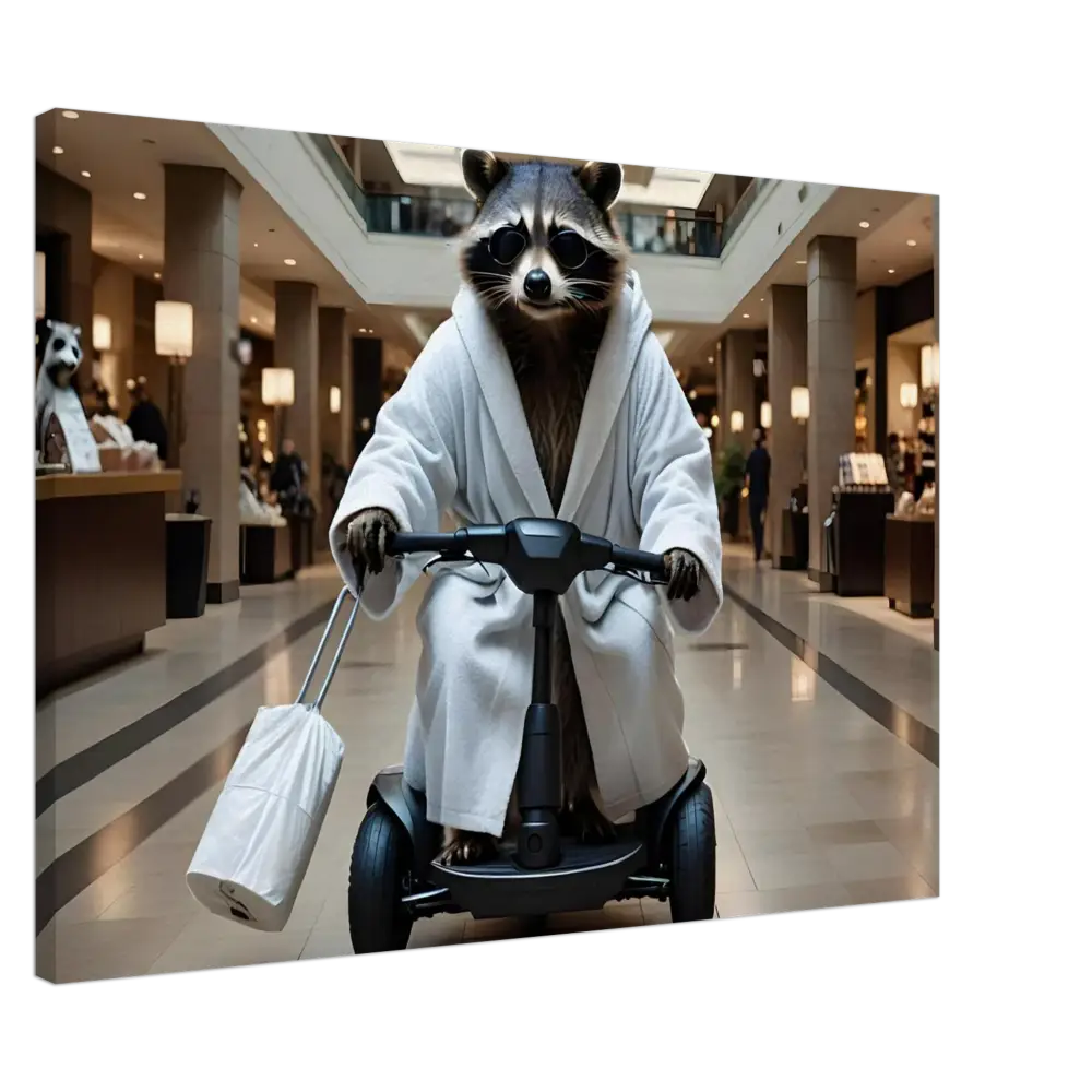 Raccoon in bathrobe riding a scooter on PixiOnyx Premium Wall Art for Mobility Mogul