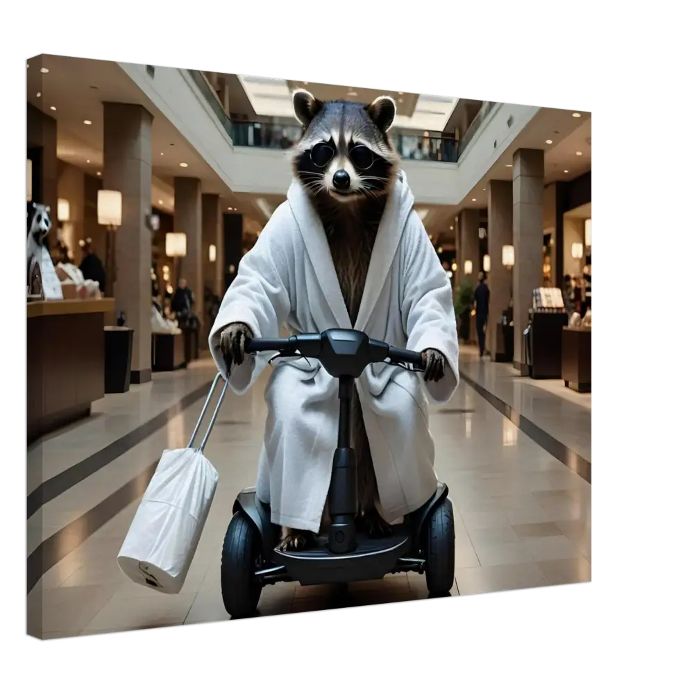 Raccoon in bathrobe riding scooter on PixiOnyx Wall Art titled Mobility Mogul Mallscape